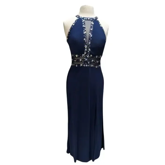 Y2K Morgan & Co Navy Beaded Halter Prom Gown Illusion Back 90s Formal Dress 7 Y2K Morgan & Co Navy Beaded Halter Prom Gown Illusion Back 90s Formal Dress 7